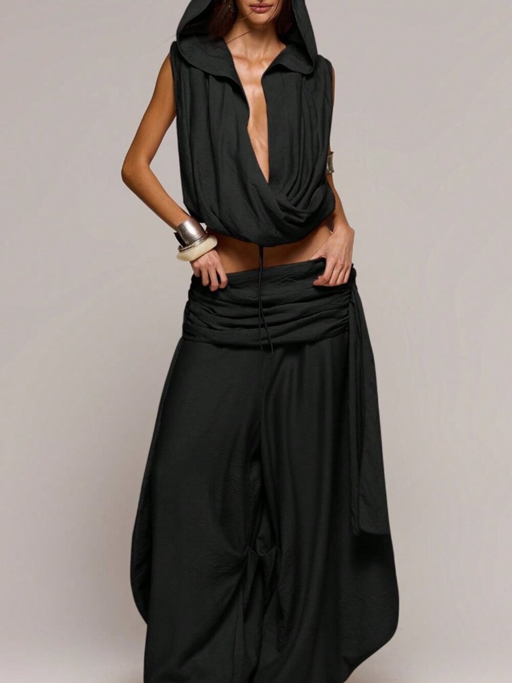 Black Casual Women's Low Rise Textured Drape Wide-Leg Trousers